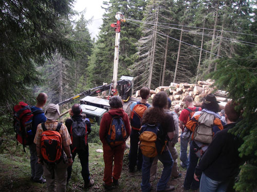 Mobile Bergstation einer Materialseilbahn bei der Holzwirtschaft.